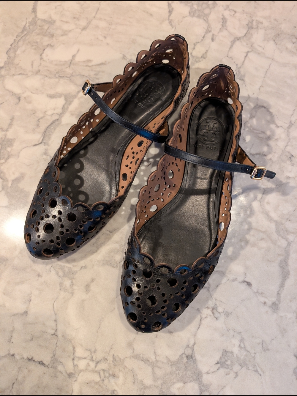 Tory Burch Black Perforated Eyelet Leather Mary Jane Flats, Sz 8